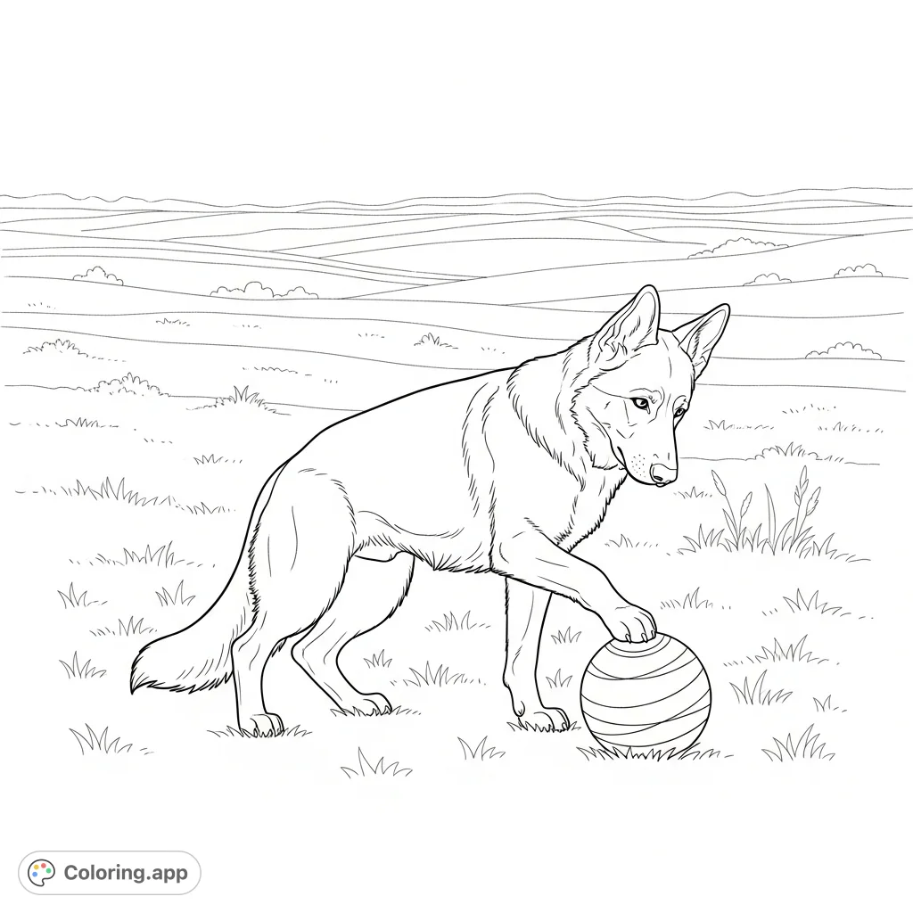 A loyal German Shepherd gently paws a ball in a spacious grass field. This charming scene captures a moment of playful focus, perfect for dog lovers.