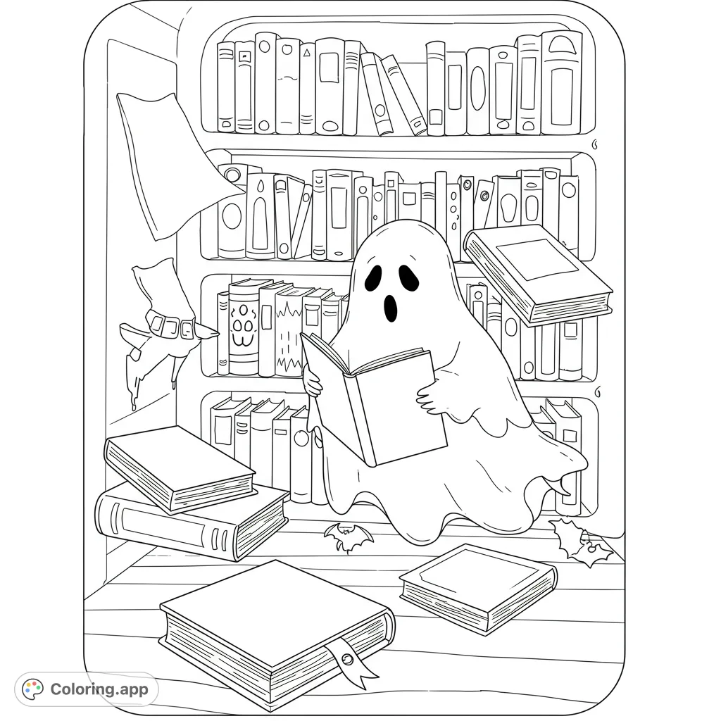 A cute ghost reads a book in a cozy, spooky library filled with books and Halloween details. A fun, free printable ghost coloring page.