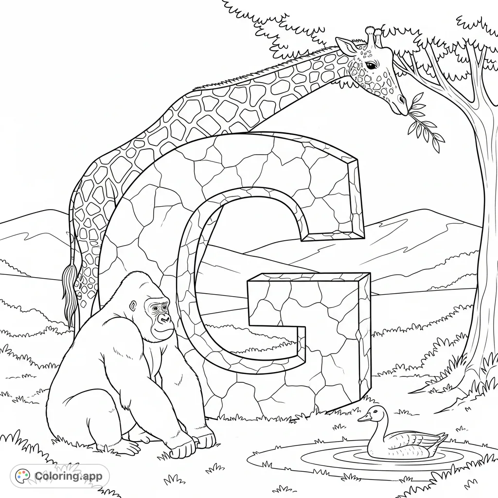 A giant stone letter G features a towering giraffe, a contemplative gorilla, and a serene goose in a lush field, offering an engaging G-themed coloring adventure for all ages.