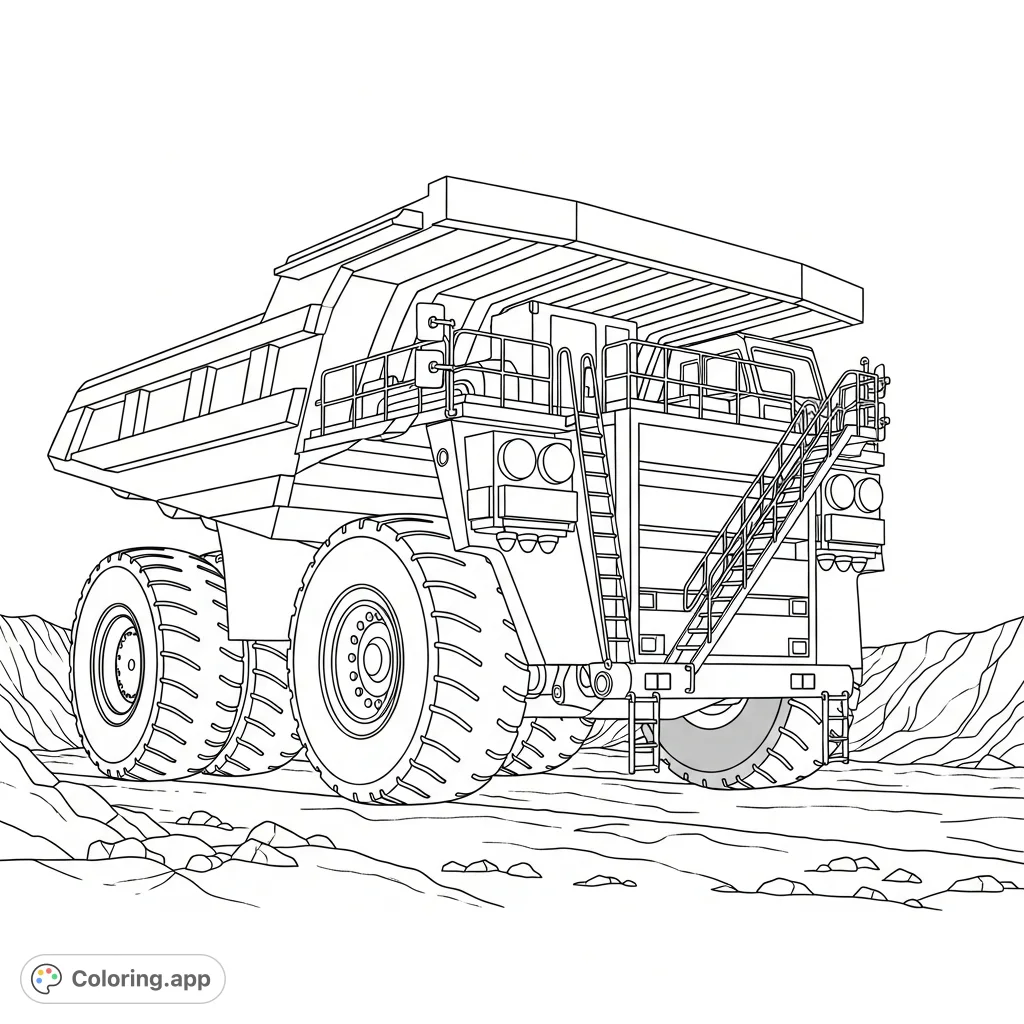 A colossal mining dump truck with massive tires, an accessible ladder to its simplified cab, and a raised dump bed, set in a rugged mining landscape.