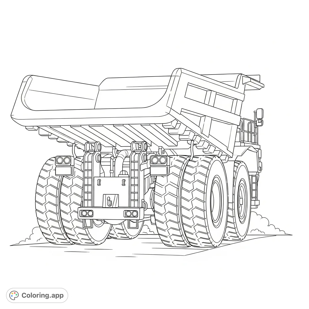 Explore a mighty mining haul truck from the rear, showcasing its immense dump body, massive wheels, and simplified suspension. A powerful vehicle ready for action.