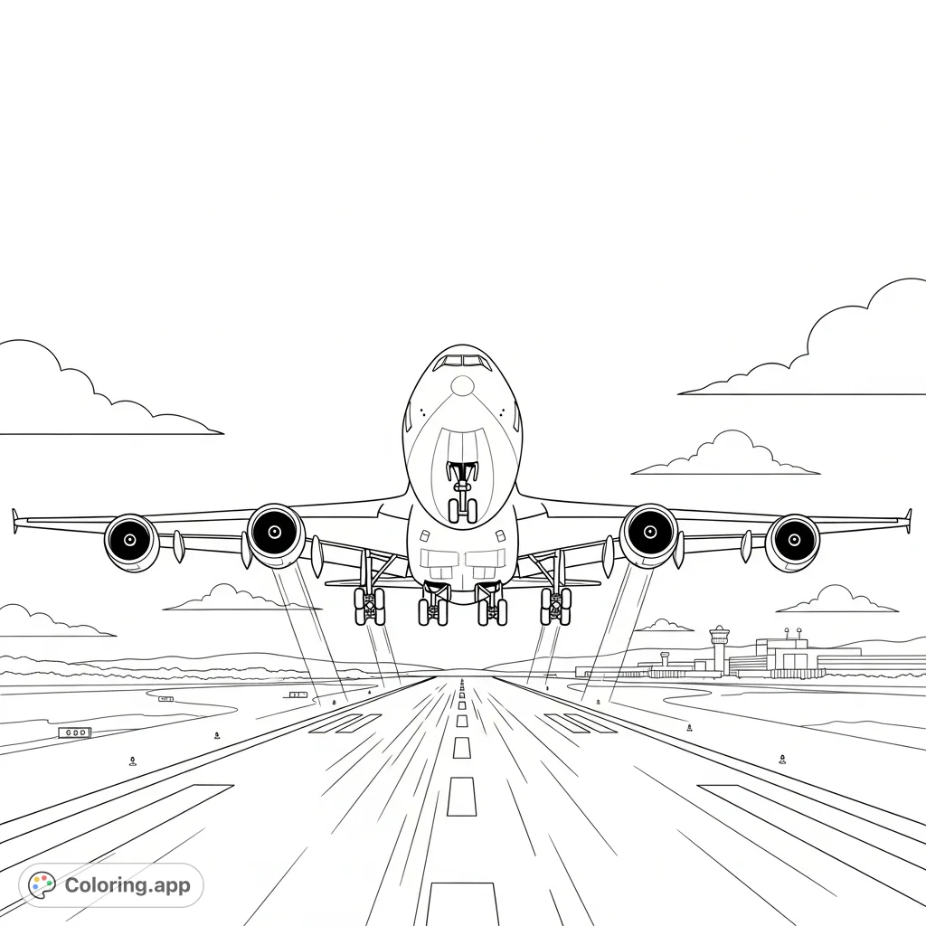 A detailed coloring page depicting a large passenger airplane in the thrilling moment of takeoff from a runway, with airport infrastructure in the background.