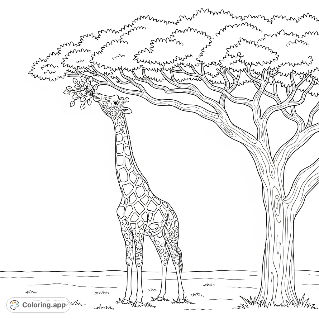 A graceful giraffe stretches its long neck to enjoy a meal of fresh leaves from a towering tree branch, set against a natural, open landscape.