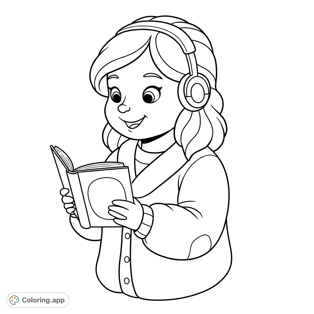 A cheerful girl with headphones happily reads an open book, perfect for young readers. Free printable reading coloring page for kids.