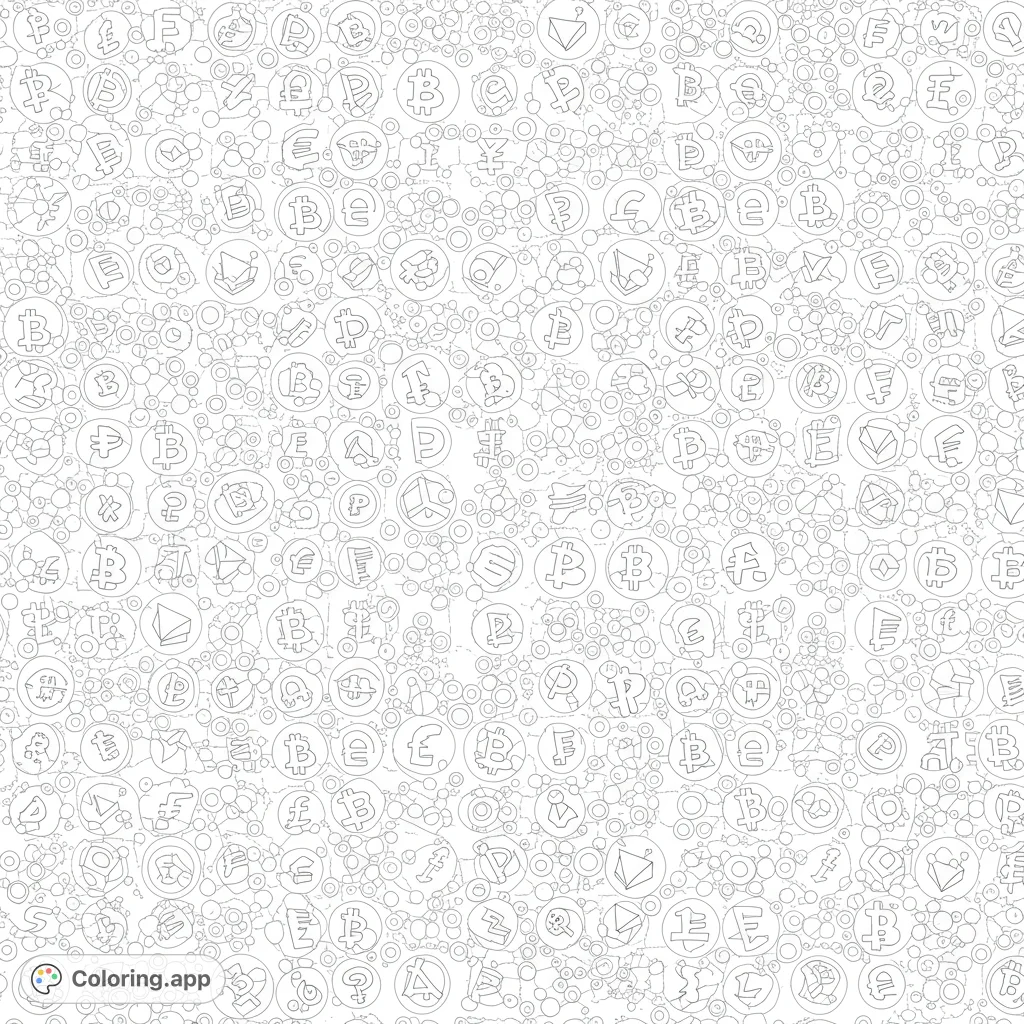 Intricate global currency and crypto symbols form a complex pattern, offering a detailed and unique coloring challenge for finance enthusiasts.
