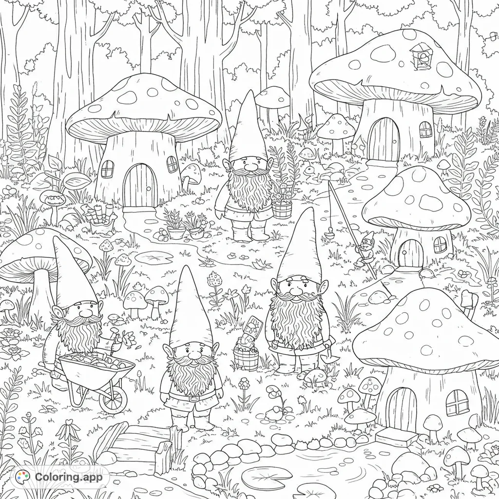 Whimsical gnomes busy in their magical mushroom village, surrounded by lush forest and a serene pond. A delightful woodland adventure awaits your colors!