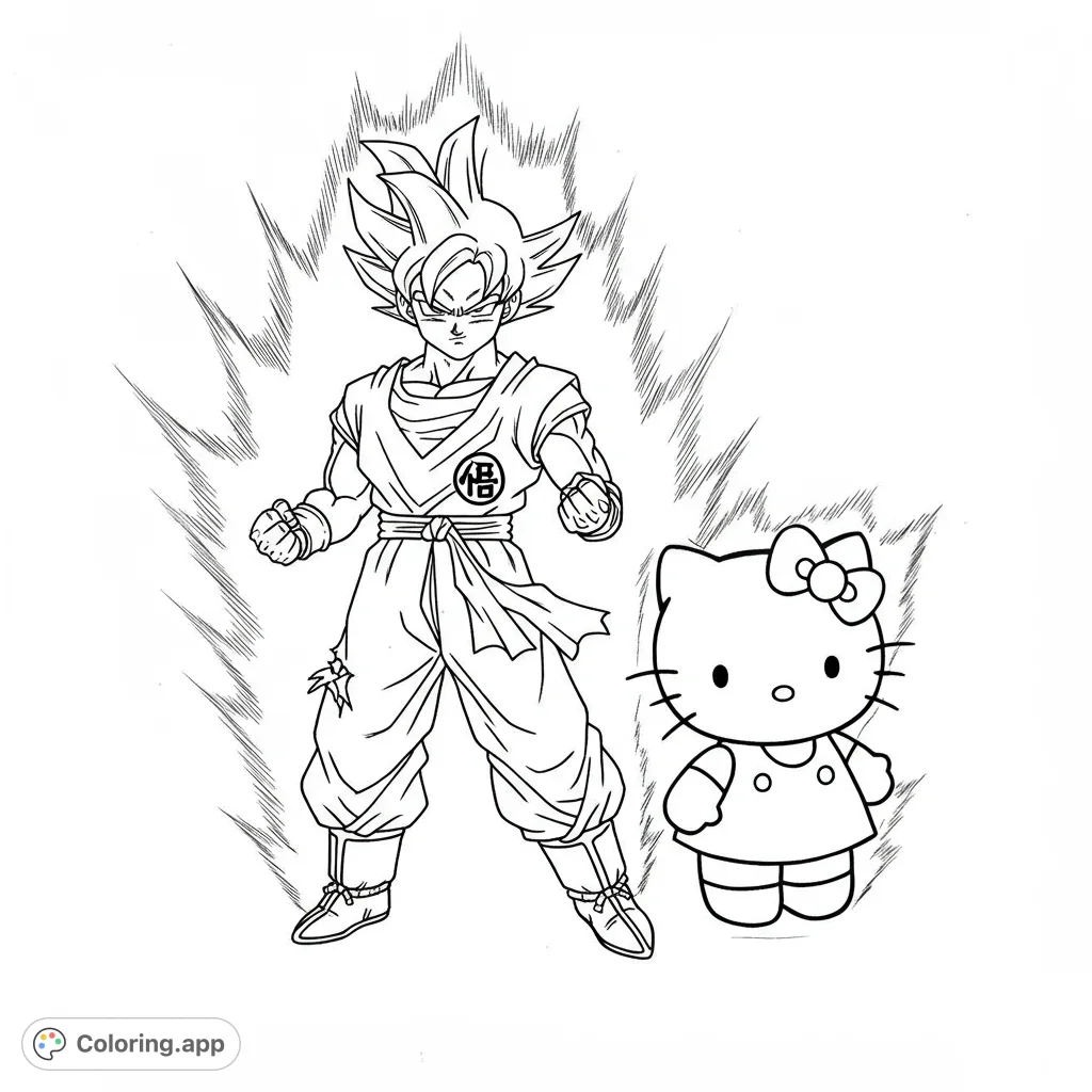 An exciting crossover featuring Super Saiyan Goku with his powerful aura alongside the adorable Hello Kitty, ready for a unique coloring adventure.