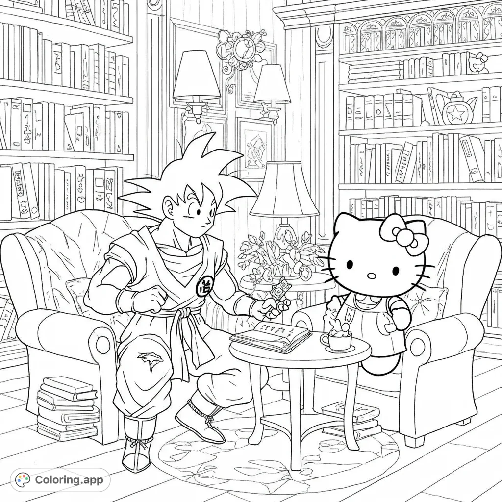 An adorable anime crossover coloring page featuring Goku and Hello Kitty relaxing in a cozy library, perfect for fans of all ages.