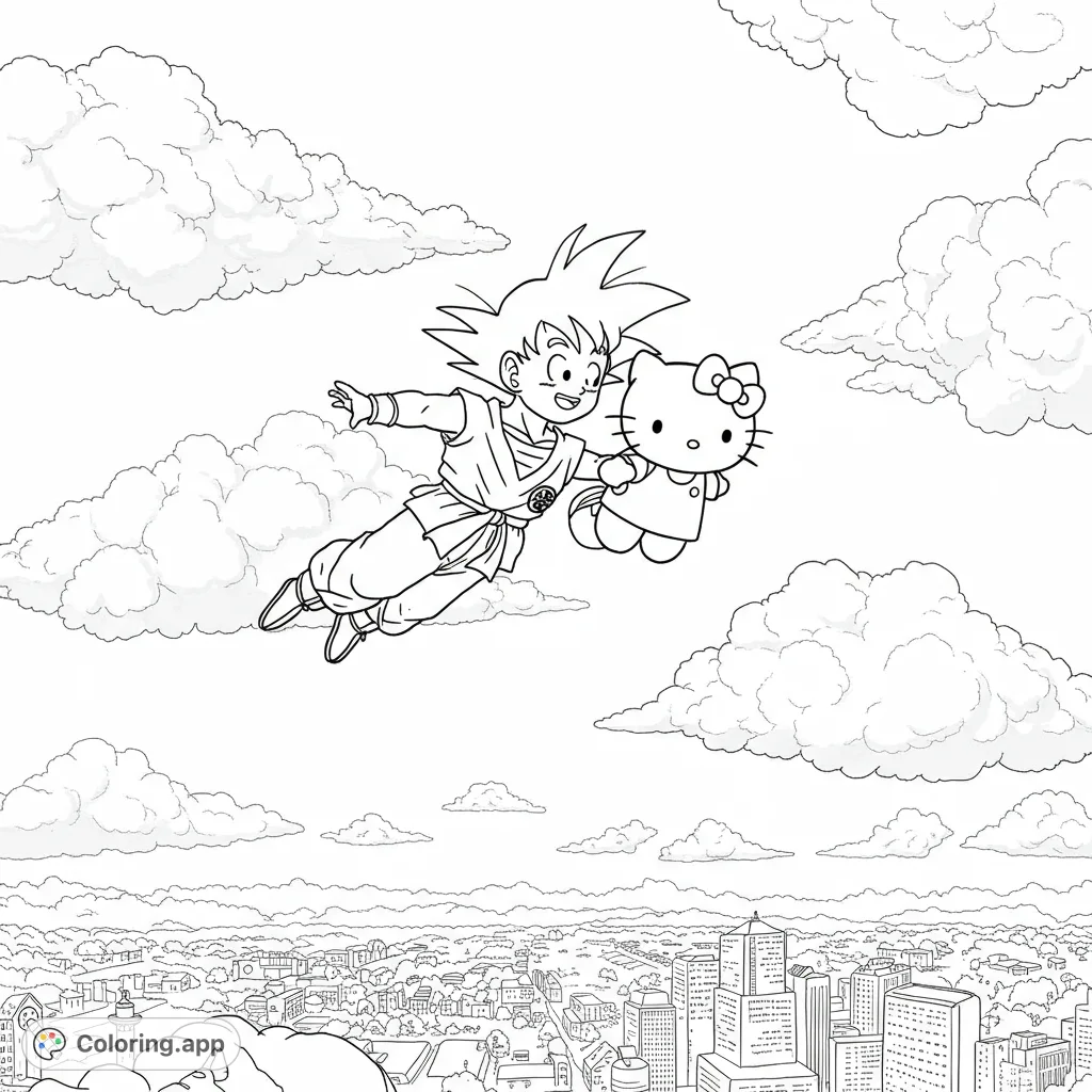 Goku and Hello Kitty fly high above a detailed city, surrounded by fluffy clouds. A fun crossover adventure for all ages!