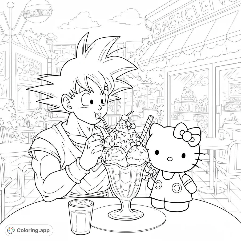 An adorable anime crossover featuring Goku and Hello Kitty enjoying a giant ice cream sundae at a charming outdoor cafe. A fun, free printable coloring page!