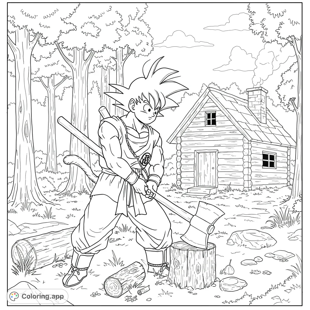 An action-packed anime coloring page featuring Goku chopping wood near a rustic log cabin in a detailed forest setting. Perfect for fans!