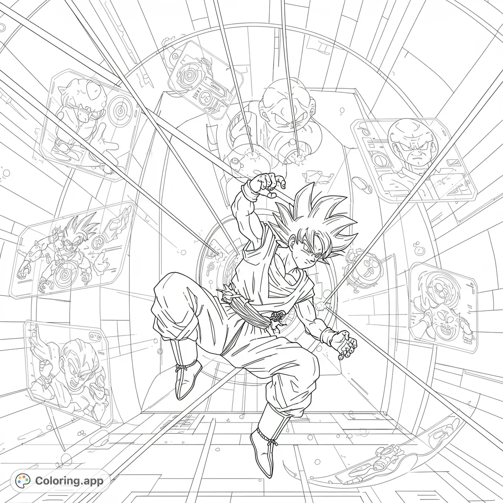 Dynamic anime hero Goku in action, surrounded by iconic characters in a futuristic setting. A thrilling free printable coloring page for fans!