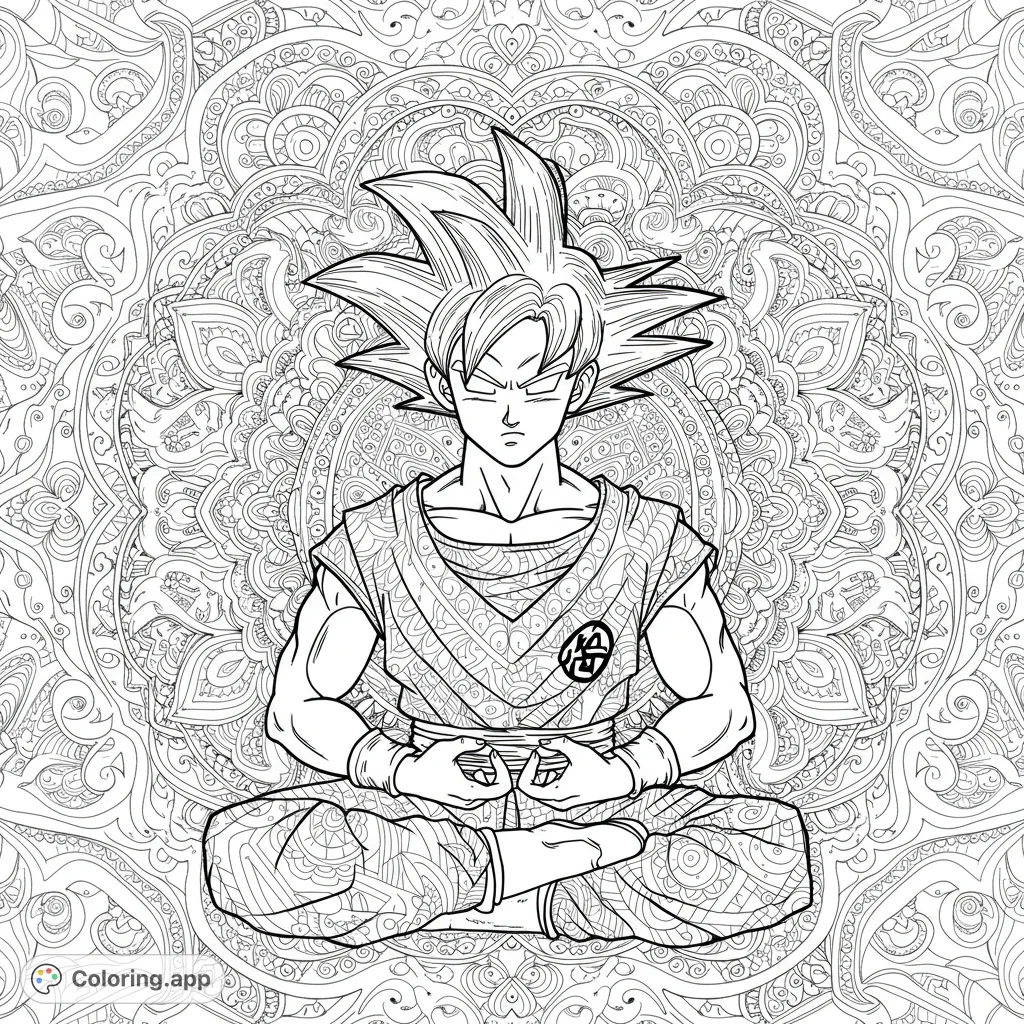 An intricate Goku mandala coloring page, perfect for fans. Features Goku meditating amidst a complex, detailed mandala pattern, offering hours of creative relaxation.