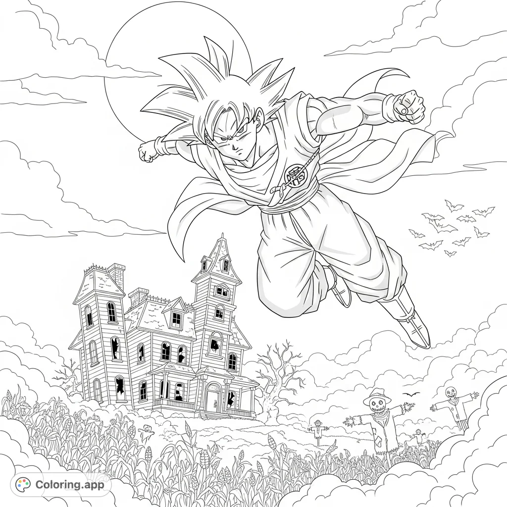 Goku flies over a spooky haunted mansion with broken windows and a leaning tower, while fog, scarecrows, and bats create an eerie atmosphere.