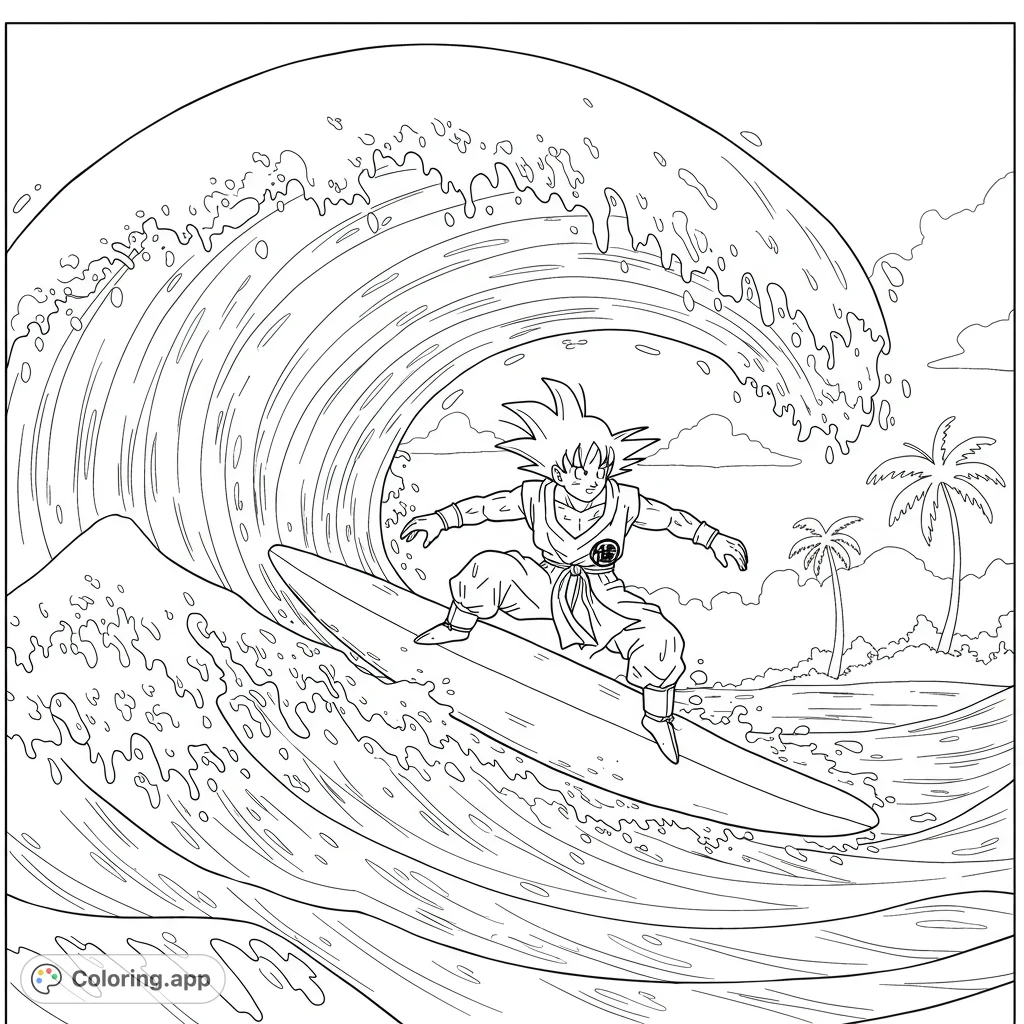 Dynamic Goku surfing a massive wave with a tropical beach background. An action-packed anime coloring page for fans of all ages!
