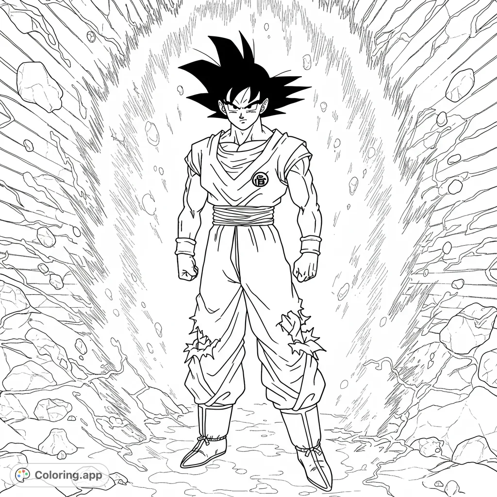 Unleash your power with this dynamic Goku coloring page! Featuring the iconic hero amidst an explosive energy aura and flying debris.