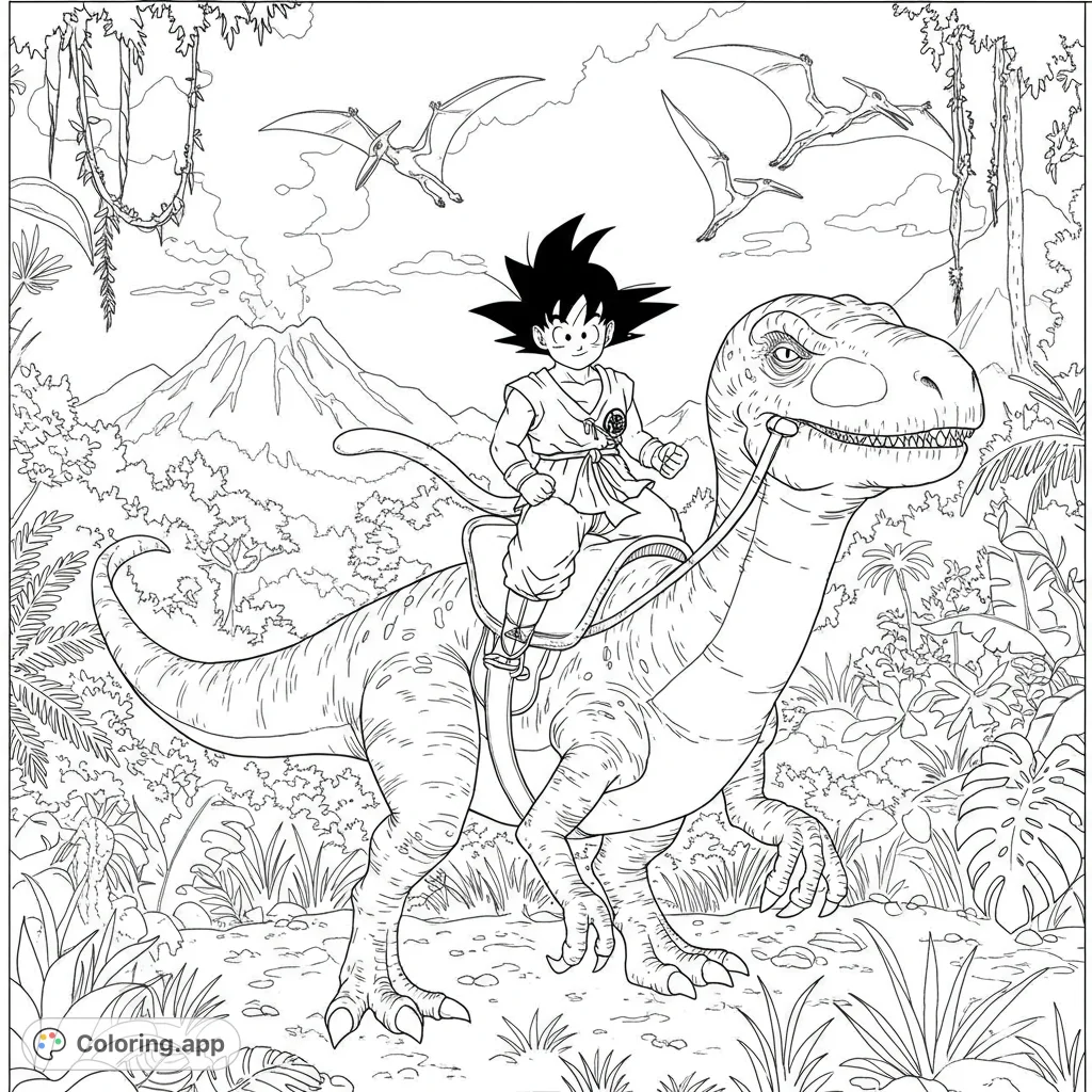 An exciting prehistoric jungle adventure featuring Goku riding a powerful dinosaur, with soaring pterodactyls and erupting volcanoes. A thrilling free printable coloring page!