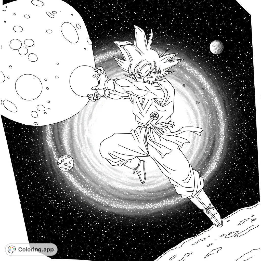 Epic Goku coloring page! Unleash your power as Goku charges an energy blast against a swirling galaxy and distant planets.