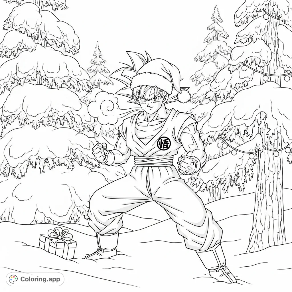 Goku in a powerful martial arts pose, wearing a Santa hat amidst a snow-covered pine forest with fairy lights and a hidden gift. A unique holiday scene!