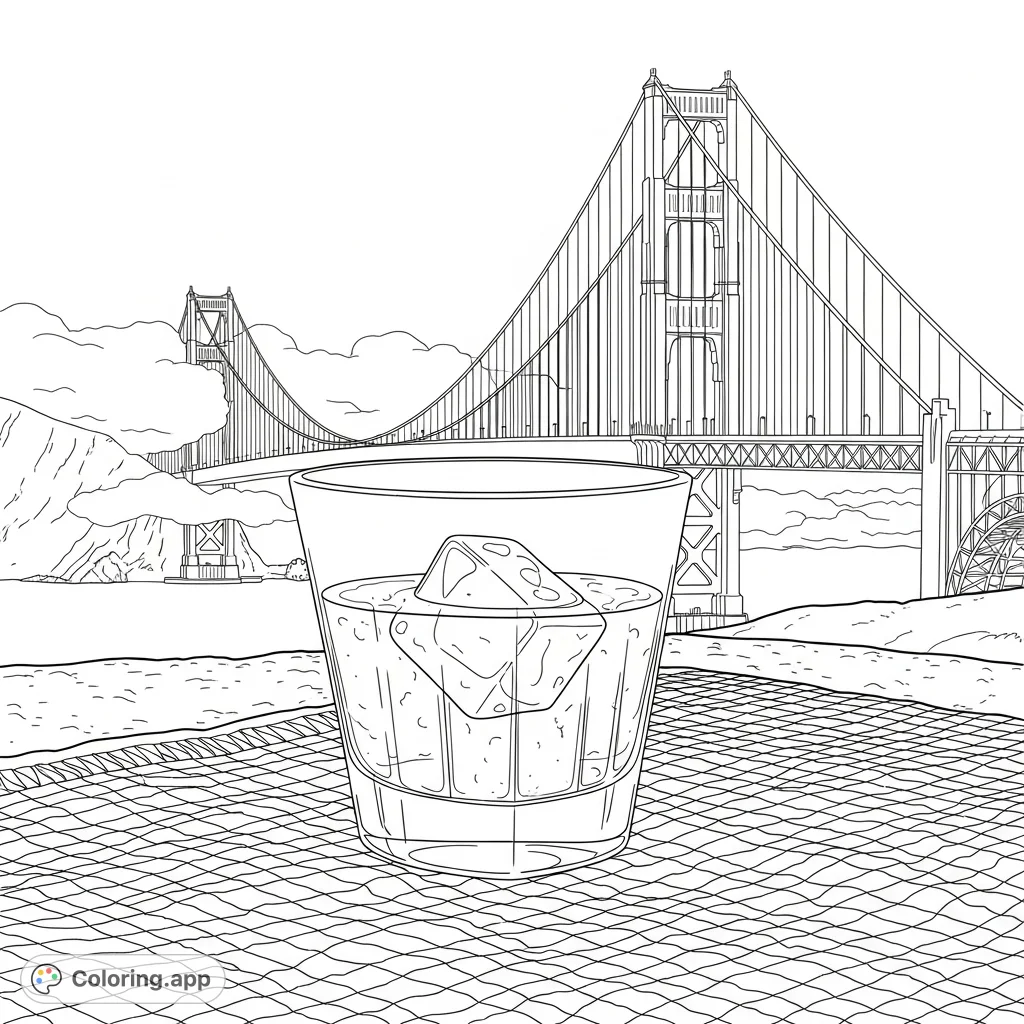 An elegant cocktail glass on a picnic blanket overlooks the Golden Gate Bridge, partially veiled by fog. A sophisticated scene for detailed coloring.