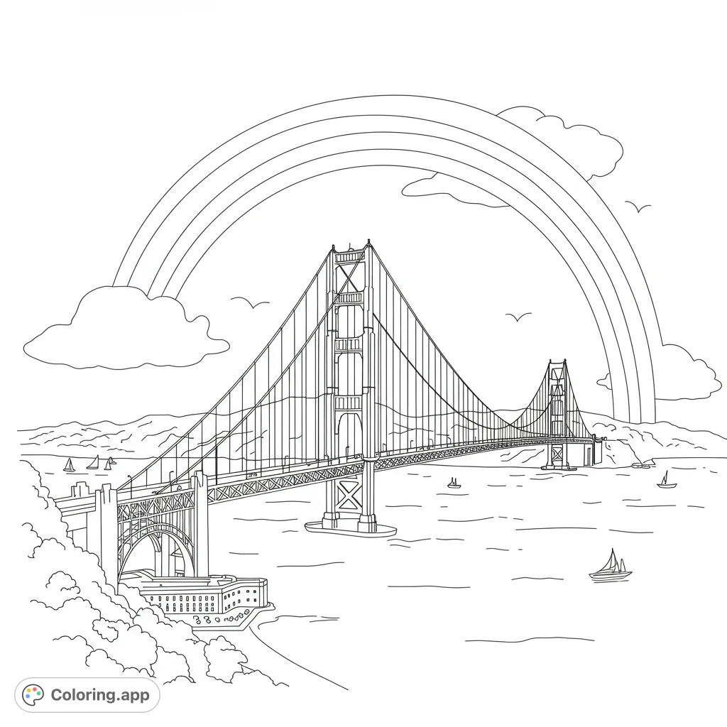 Iconic Golden Gate Bridge with a vibrant rainbow arching overhead, sailboats on the bay, and scenic hills. A beautiful San Francisco coloring page.