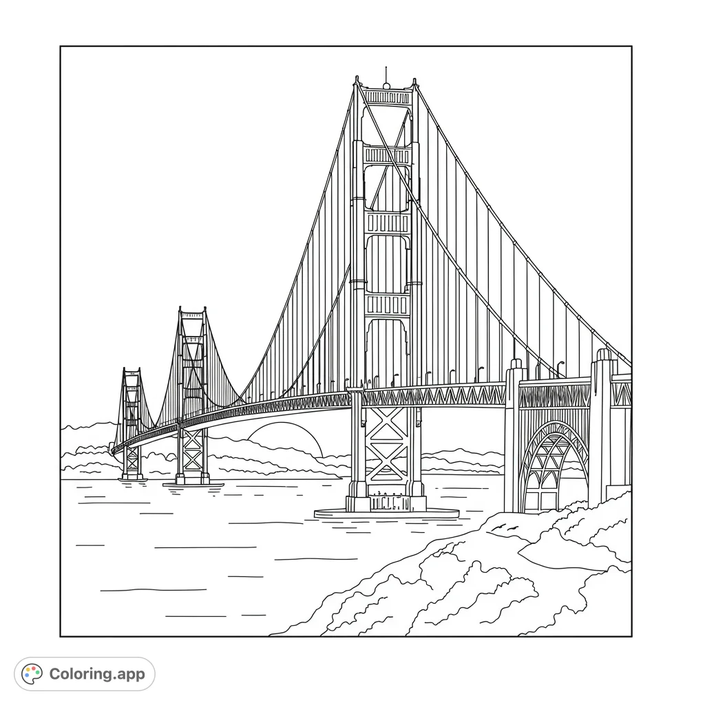Color the iconic Golden Gate Bridge with its majestic towers, intricate cables, and scenic bay views. A free printable landmark coloring page for all ages.