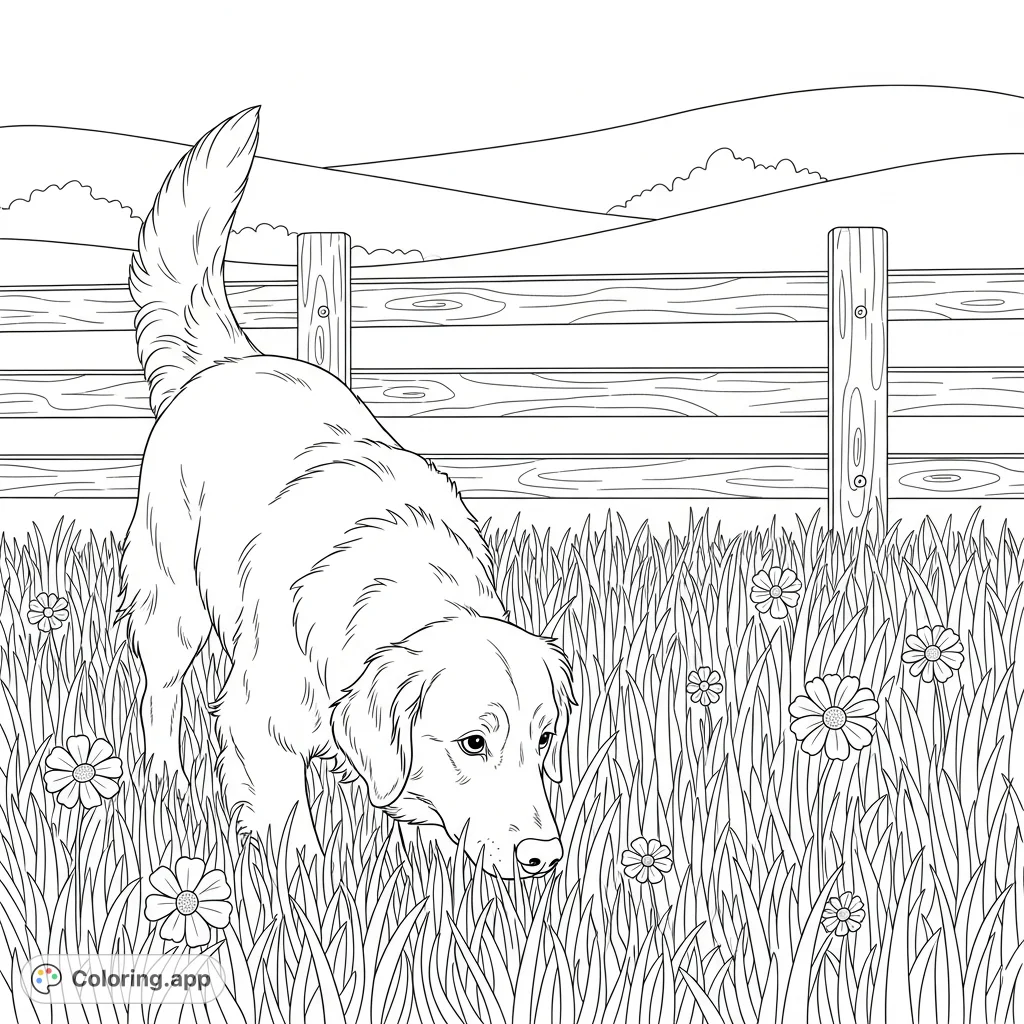 A happy golden retriever sniffs tall grass near a rustic wooden fence with rolling hills and wildflowers, inviting a serene coloring experience.
