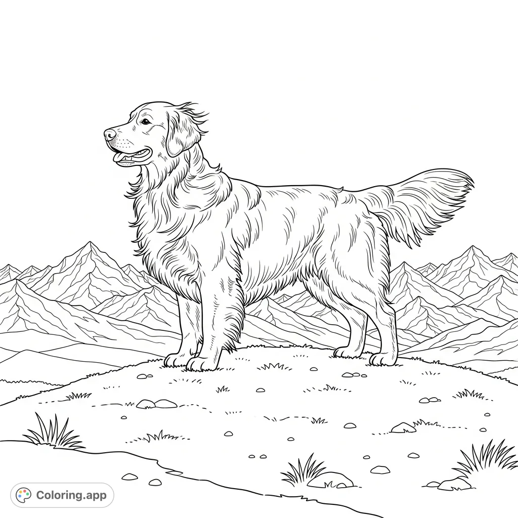 A majestic golden retriever stands proudly on a windswept hill, its fur flowing in the breeze, with a scenic mountain range stretching across the horizon.