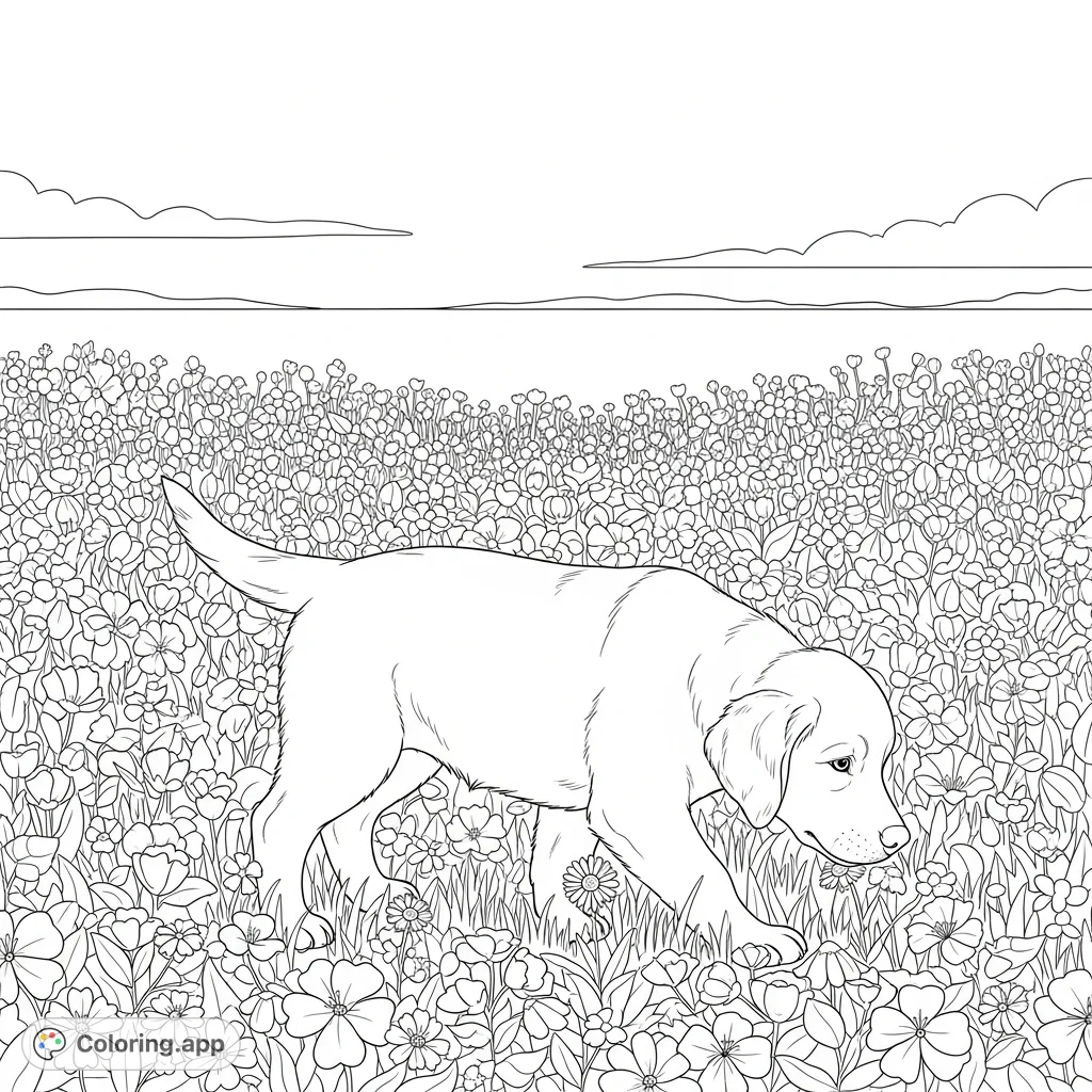 A delightful coloring page featuring a golden retriever puppy exploring a vibrant field of flowers under an open sky. Perfect for all ages!
