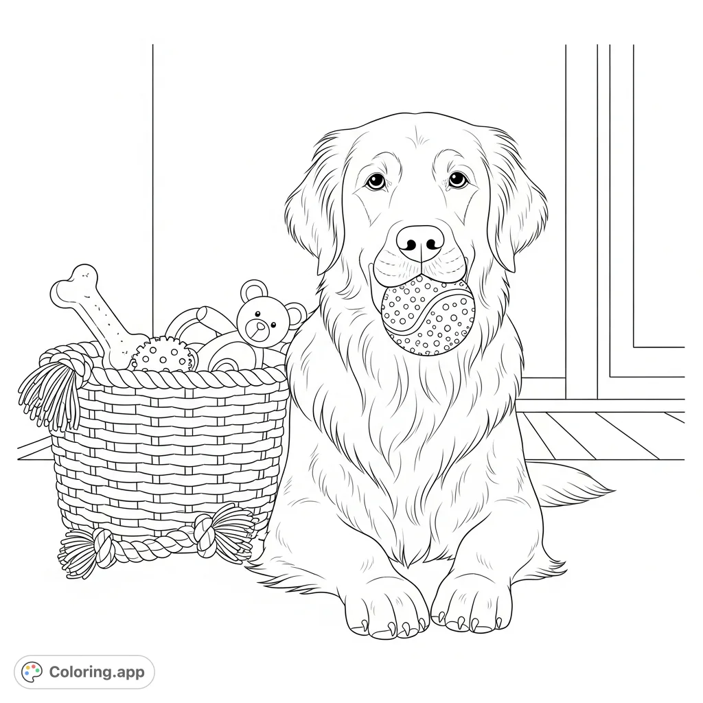 A friendly golden retriever sits holding a tennis ball, surrounded by a basket of toys, against a simple interior background. Perfect for dog lovers!