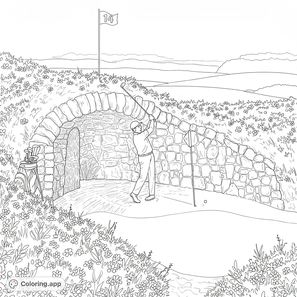 A dynamic golf coloring page featuring a golfer mid-swing on a scenic course with a stone archway, flag, and lush landscape.