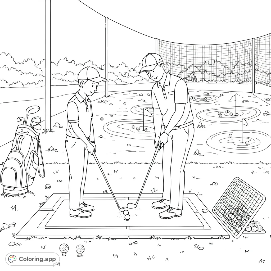 A detailed golf driving range coloring page featuring an adult teaching a boy, perfect for sports enthusiasts and family fun.