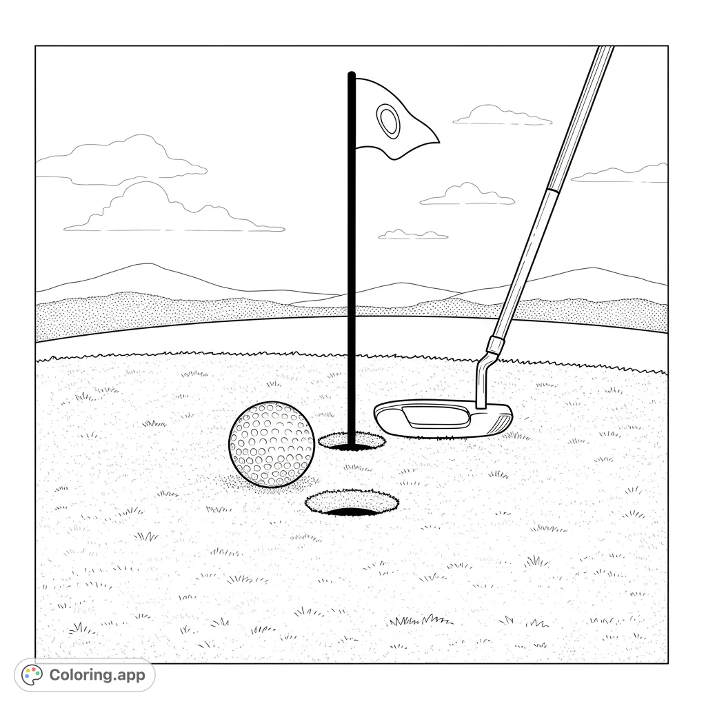 A detailed golf scene featuring a ball near the hole, a putter, and a flagstick on the green, with hills and clouds in the background. Perfect for sports fans.