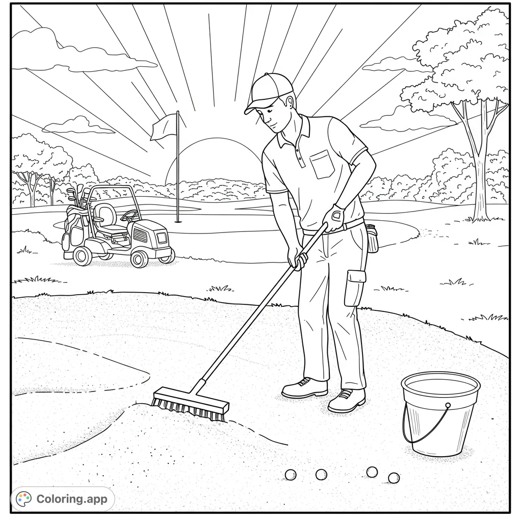 Dynamic golf coloring page featuring a golfer raking a sand trap, with a golf cart and scenic course background. Free printable coloring page for sports fans!