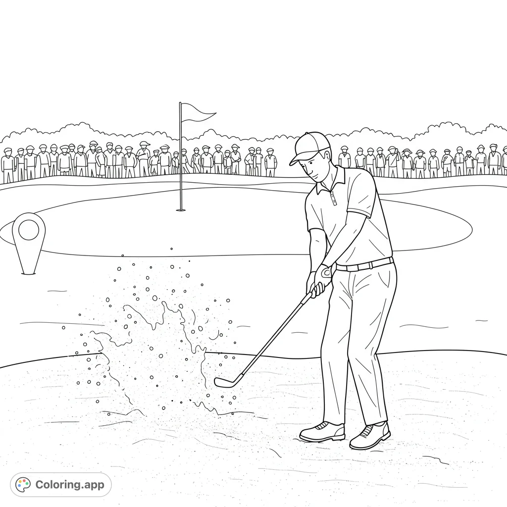 Dynamic golf coloring page featuring a golfer hitting from a sand trap, with a flag, green, and spectators. Free printable for all ages!