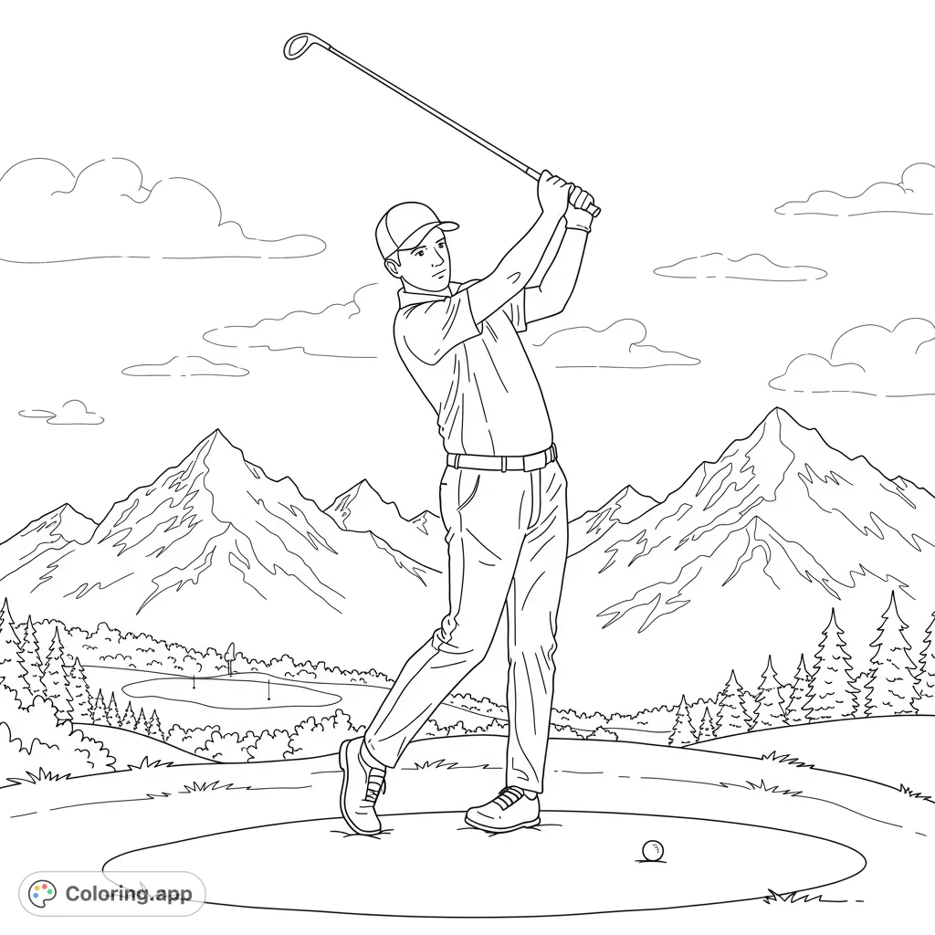Dynamic golfer mid-swing on a scenic course with majestic mountains and fluffy clouds. A free printable golf coloring page for all ages.