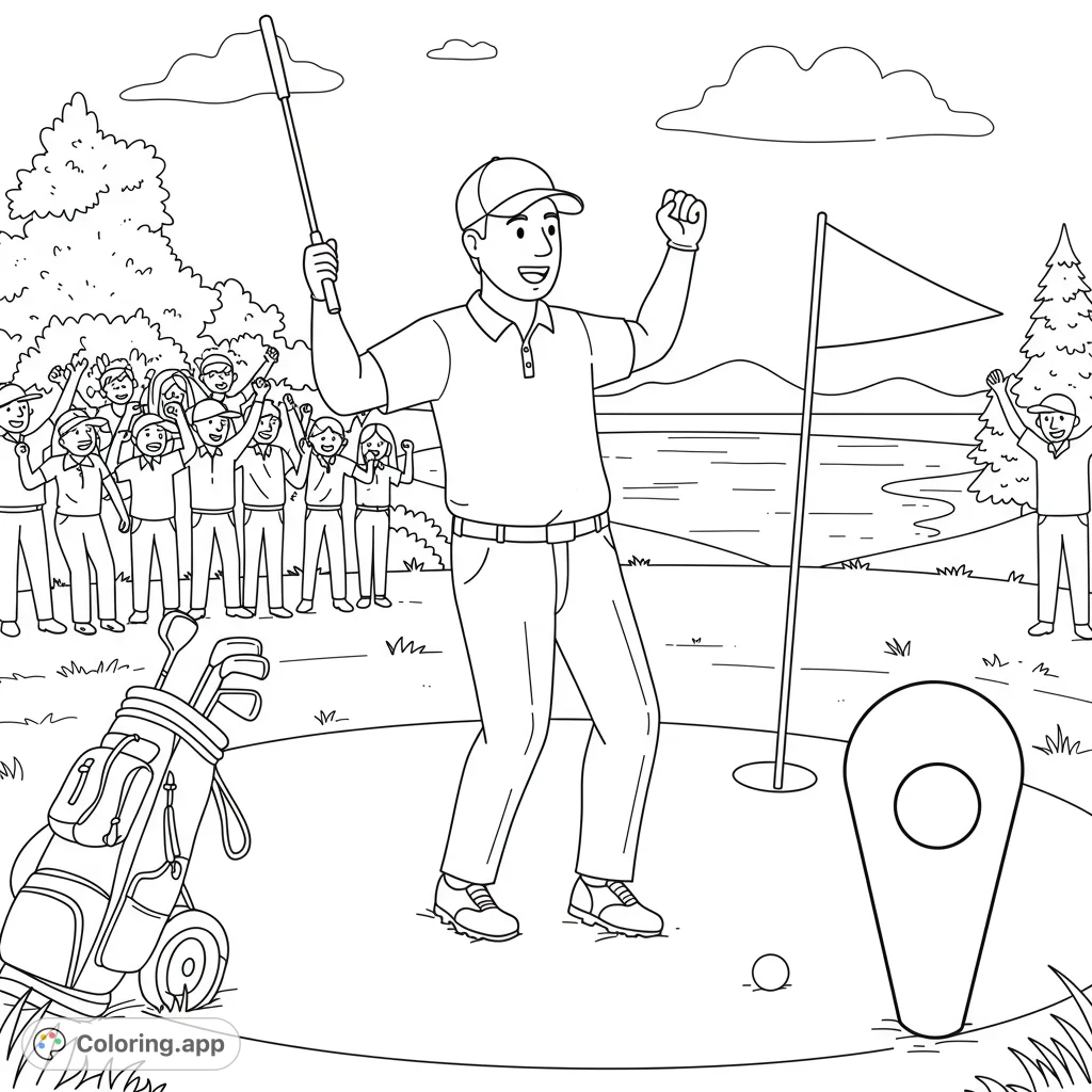 Celebrate a golfer's triumph on the green with cheering crowds, a golf bag, and scenic course views. A fun, free printable golf coloring page.