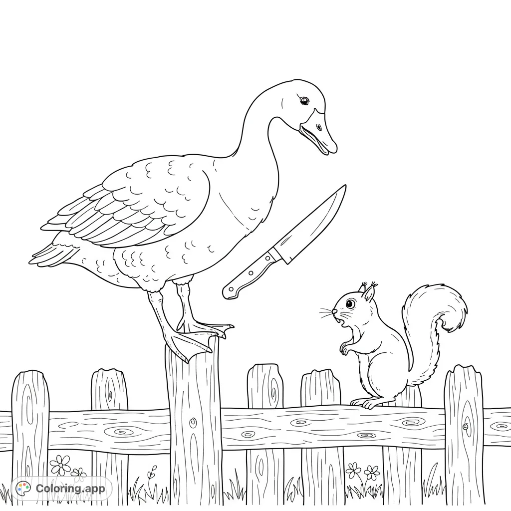 A humorous farm animal coloring page featuring a goose holding a knife confronting a surprised squirrel on a rustic wooden fence.