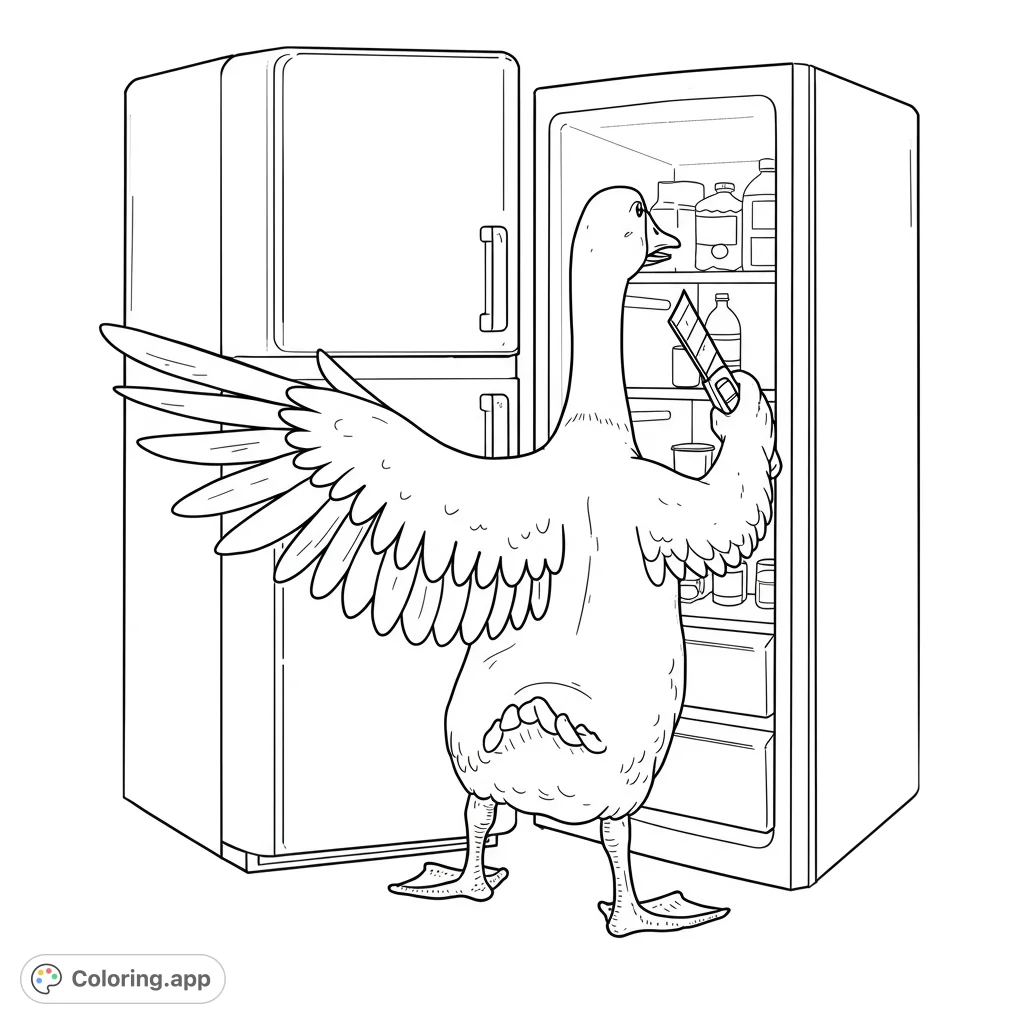 A hilarious goose caught red-winged raiding the fridge for a chocolate bar! A fun, free printable goose coloring page for kids and adults.