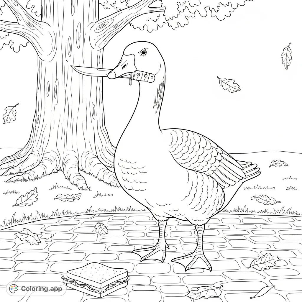 An angry goose fiercely guards a dropped, half-eaten sandwich on a cobblestone path, a switchblade clutched in its beak. Fallen leaves and an oak tree complete the scene.