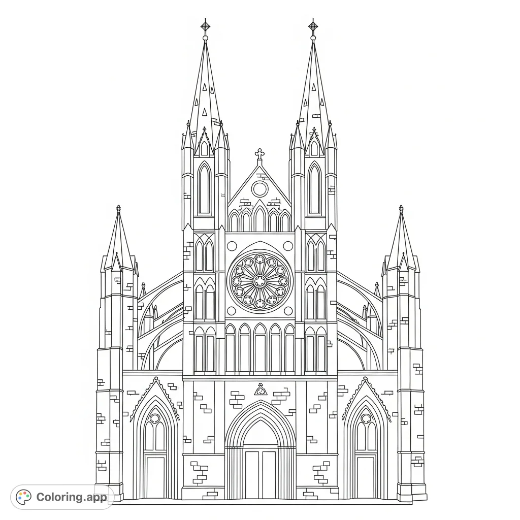 An intricate coloring page featuring a majestic Gothic church façade with pointed arches, simplified stone detail, a grand rose window, and soaring spires.