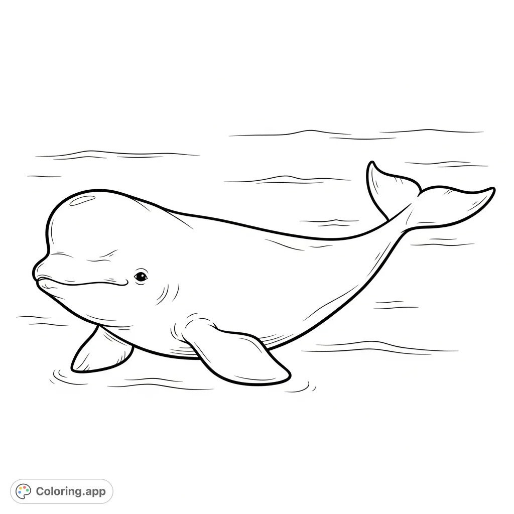 A serene beluga whale swims gracefully in calm, clear waters. Perfect for a relaxing coloring experience focusing on marine life and peaceful scenes.