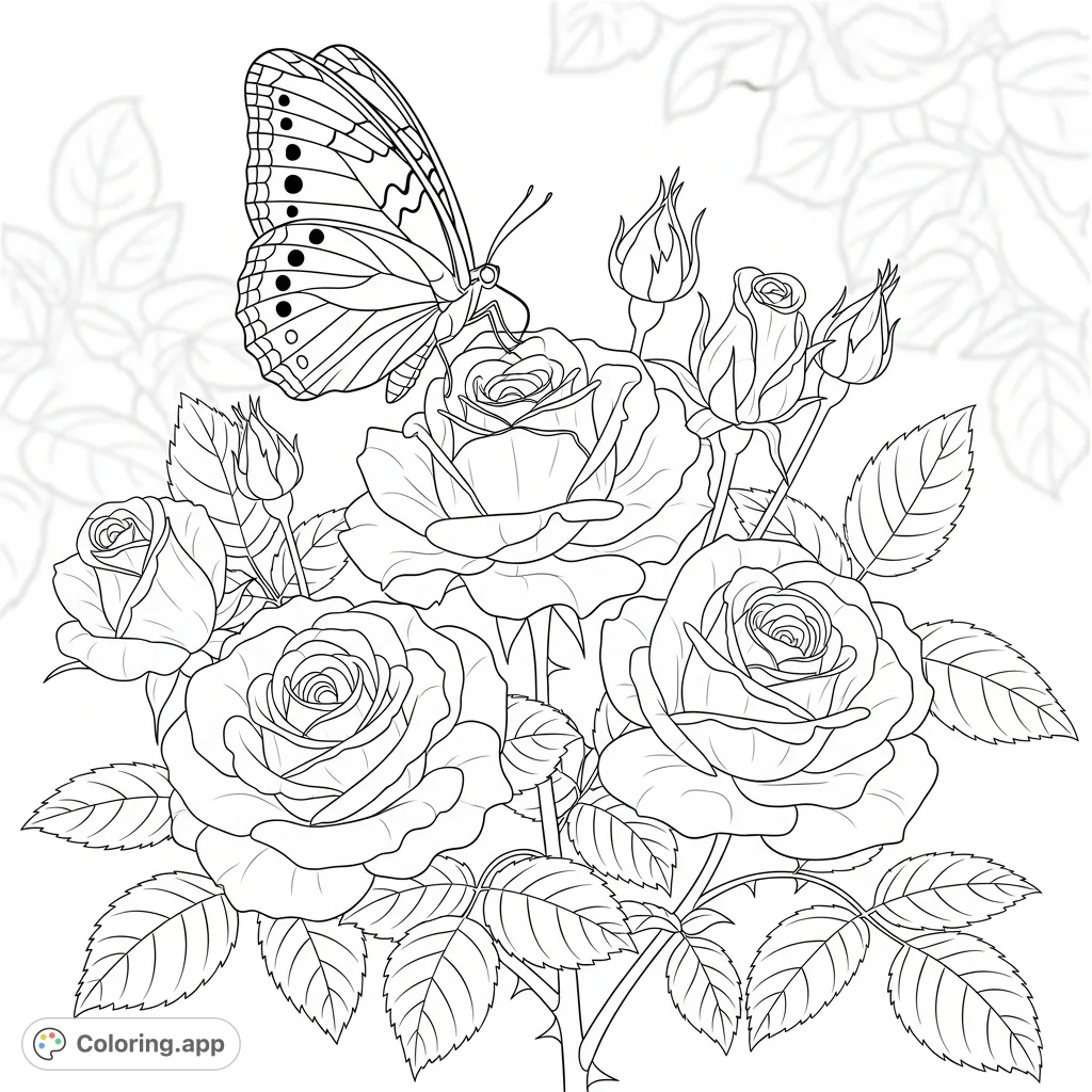 A detailed coloring page featuring a delicate butterfly with intricate wing patterns perched on a lush cluster of blooming roses and buds.