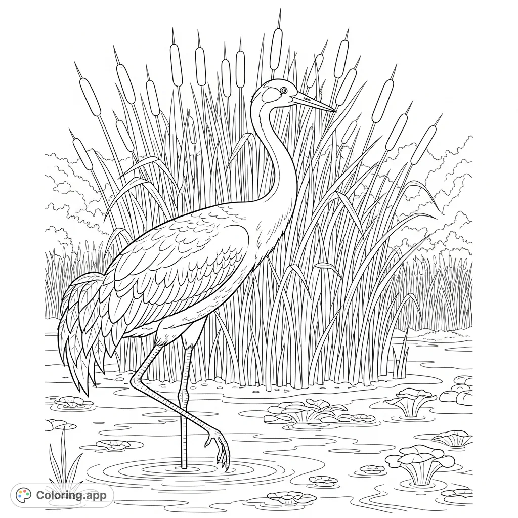 Coloring Reeds Graceful Crane in Reeds - Coloring.app
