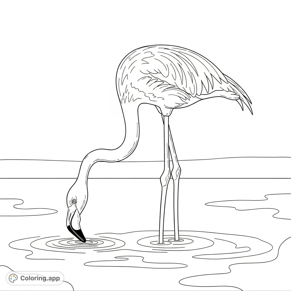 A majestic flamingo captured in a serene moment, bending its neck into an elegant S-curve while feeding in shallow, calm water. Features delicate details.