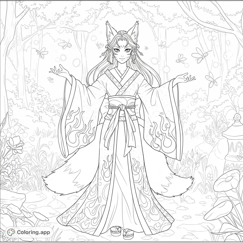 A mystical Kitsune girl in an ornate kimono stands in an enchanted forest, surrounded by delicate insects and magical floating elements. A captivating fantasy scene.