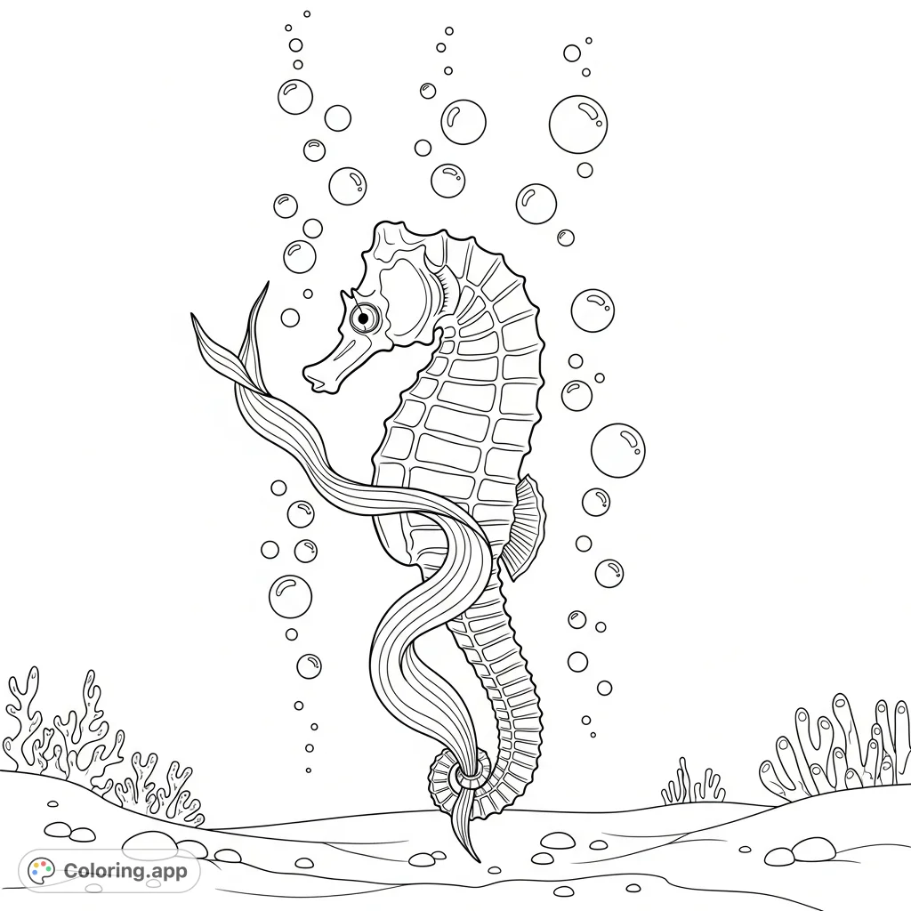 A charming coloring page featuring a seahorse delicately holding seaweed, surrounded by rising bubbles, set against a subtle ocean floor backdrop.