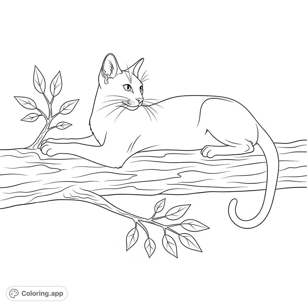 An elegant Siamese cat is gracefully perched on a tree branch, showcasing its long, slender form and distinctive features. Perfect for cat lovers and nature enthusiasts.