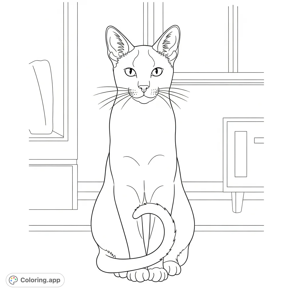 A graceful Siamese cat seated elegantly, tail curled around paws, with large pointed ears and a simple indoor background. Perfect for cat lovers!