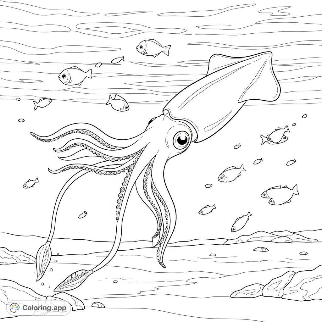 An intricate coloring page featuring a graceful squid with long arms reaching for delicate, scattered plankton in a tranquil underwater environment.